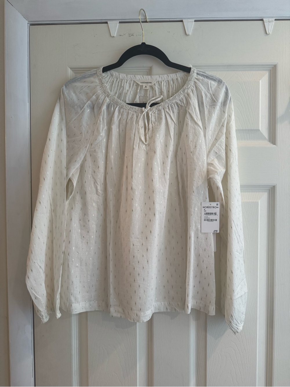 Lucky Brand White Metallic-Dot Peasant Blouse